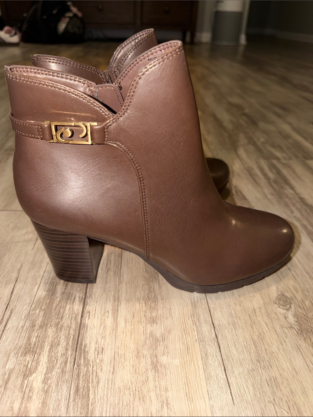 Anne Klein Brown Leather Ankle Bootie with Gold Buckle